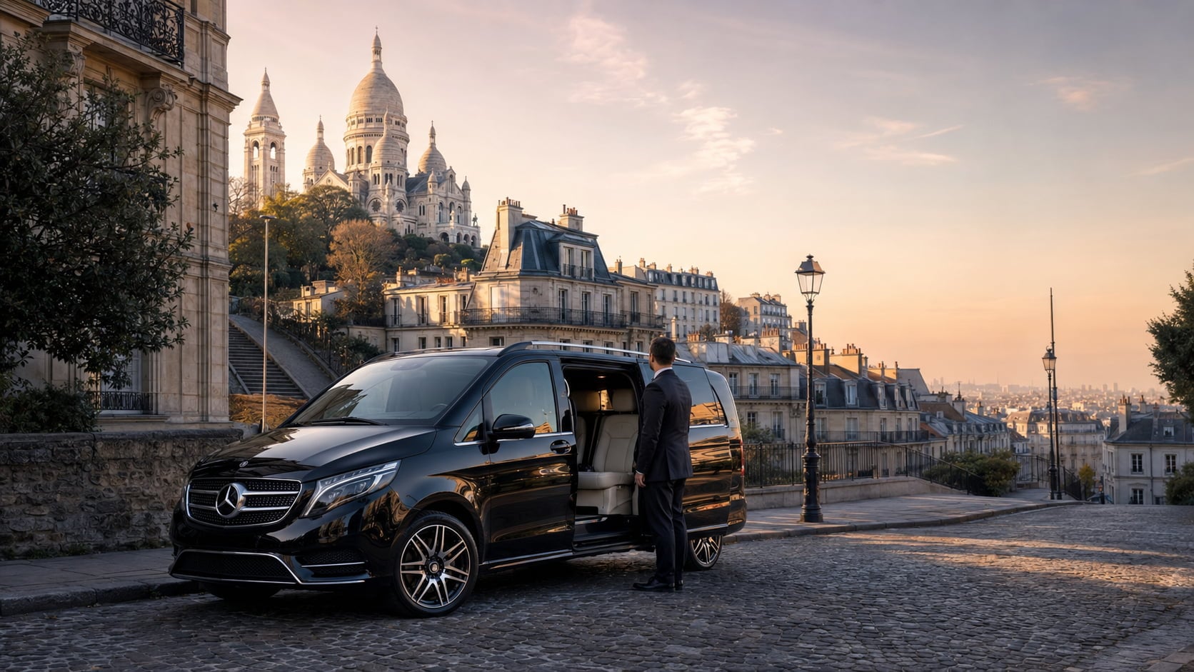 Van Mercedes Classe V noir garé dans une rue pavée de Montmartre à l'heure dorée matinale, avec la Basilique du Sacré-Cœur dominant la colline en arrière-plan et les toits parisiens s'étirant à l'horizon, chauffeur en costume sombre attendant ses clients en visite
