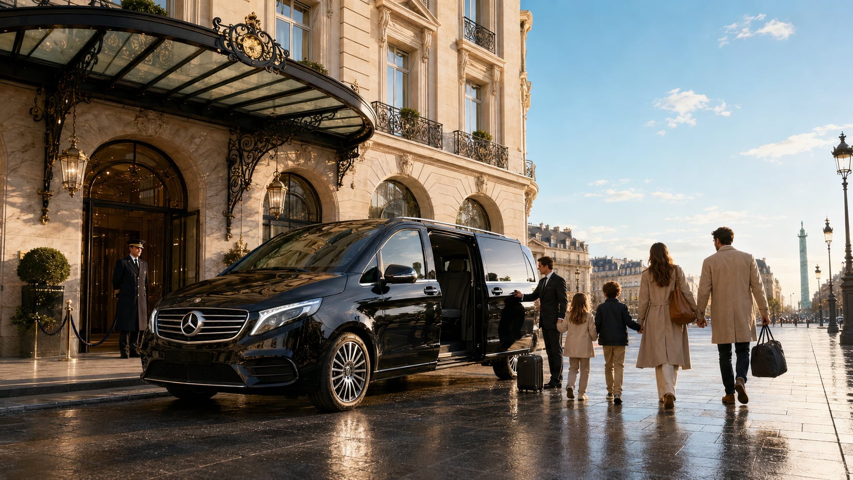 Famille internationale embarquant à bord d’un Van Mercedes Classe V noir devant un palace parisien Place Vendôme, à l’aube d’un séjour à Disneyland Paris, chauffeur en costume sombre ouvrant la portière