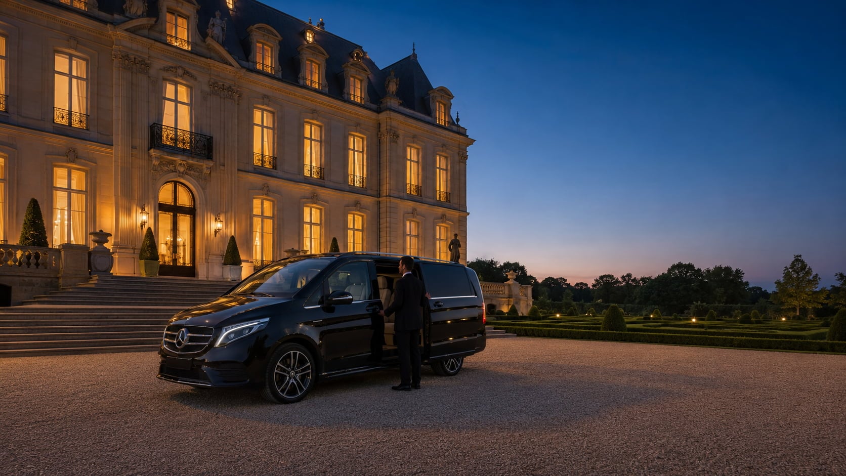 Van Mercedes Classe V noir devant un château événementiel à l'heure bleue, chauffeur en costume sombre accueillant les invités à la porte coulissante ouverte