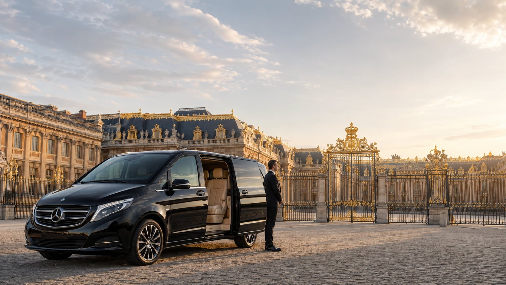 Van Mercedes Classe V noir stationné sur le pavé historique devant les grilles royales dorées du Château de Versailles à l'heure dorée, chauffeur en costume sombre attendant ses clients en visite privée