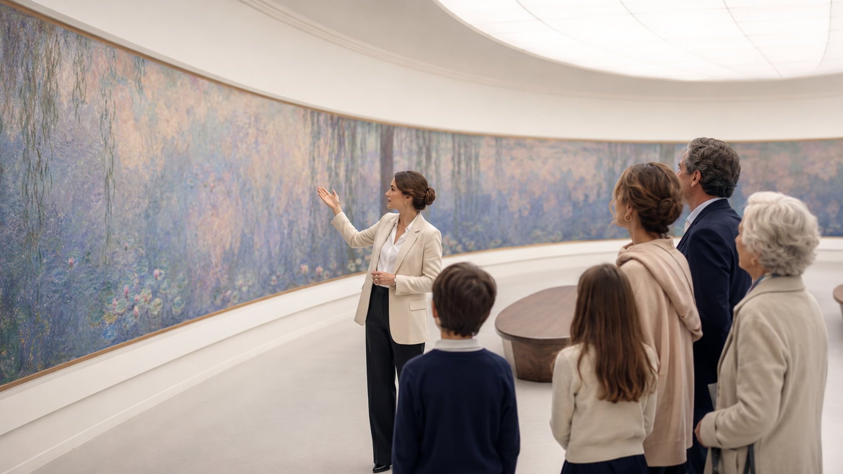 Guide-conférencière élégante présentant les Nymphéas de Monet à un groupe familial dans la salle ovale du Musée de l'Orangerie à Paris, lumière zénithale naturelle