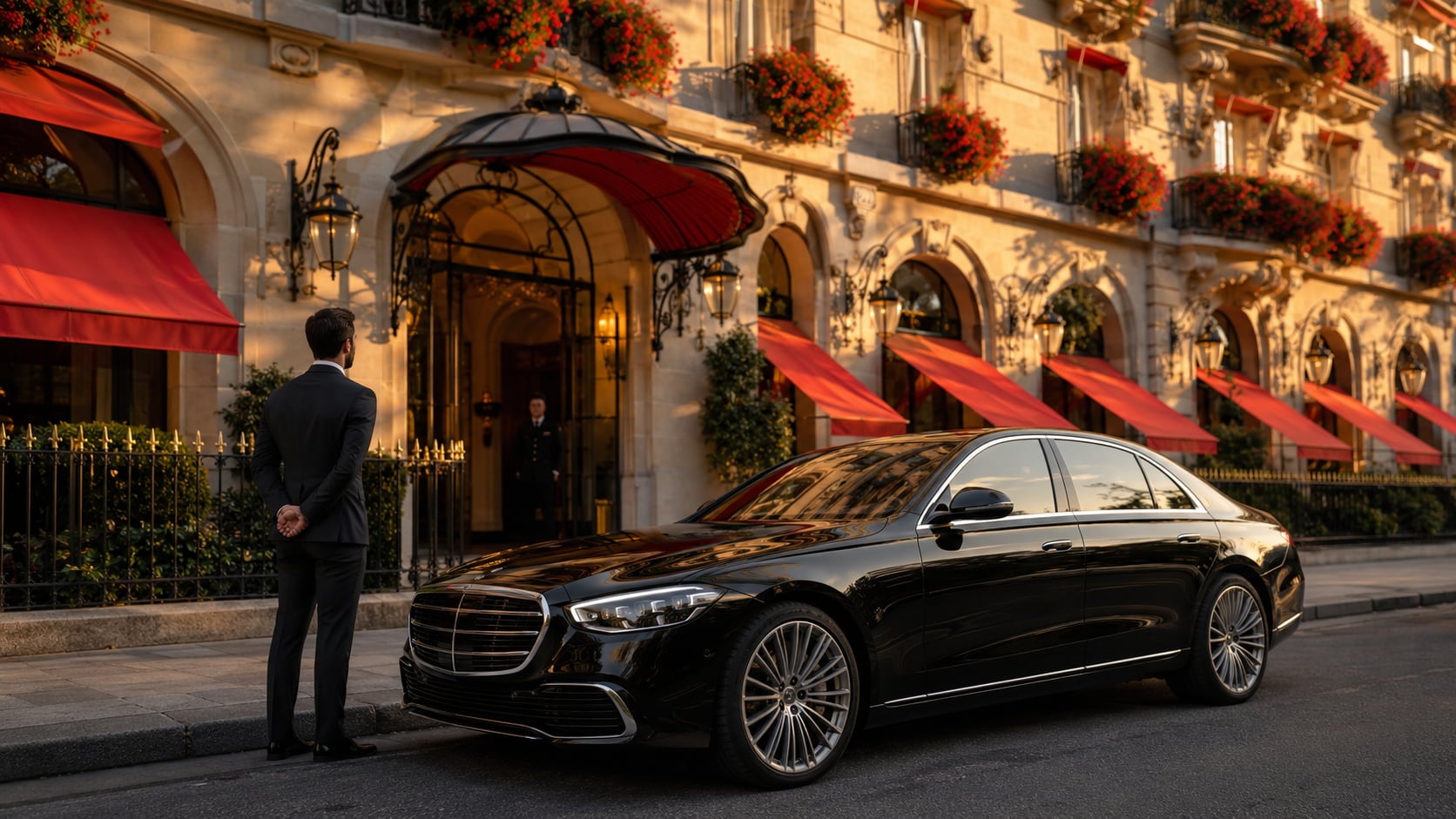 Mercedes Classe S noire stationnée devant l'entrée du Plaza Athénée à Paris, façade haussmannienne et balcons fleuris de géraniums rouges, chauffeur en costume sombre attendant respectueusement à l'heure dorée