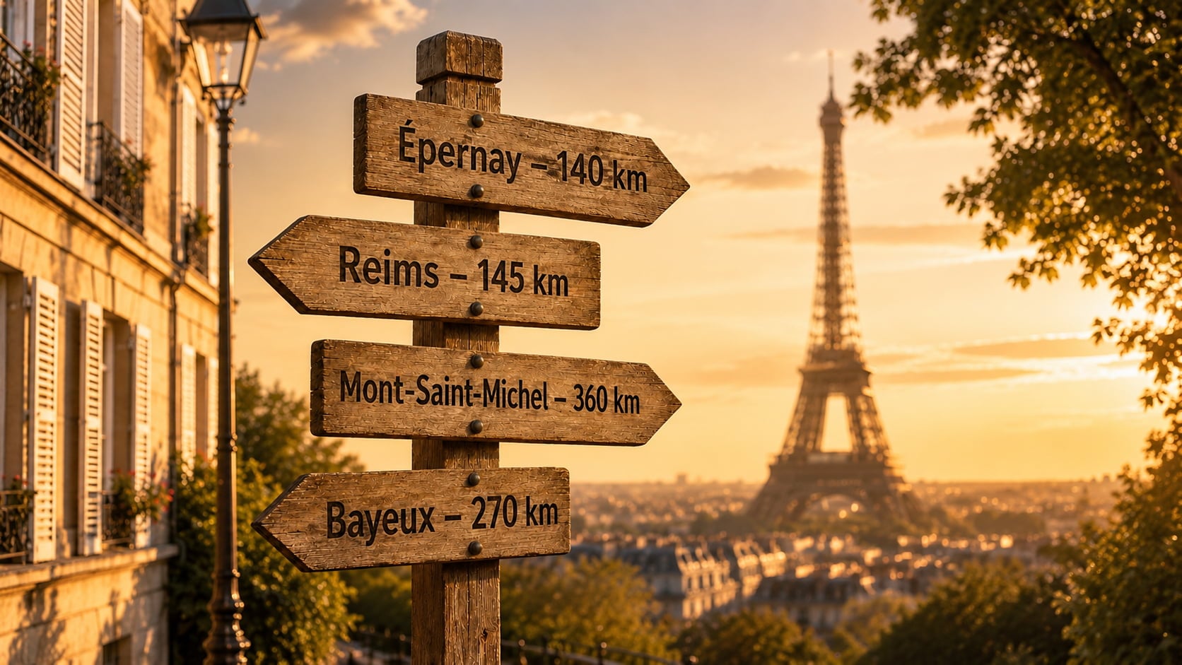 Poteau indicateur parisien avec destinations — Épernay, Reims, Mont-Saint-Michel — Tour Eiffel en arrière-plan au coucher du soleil