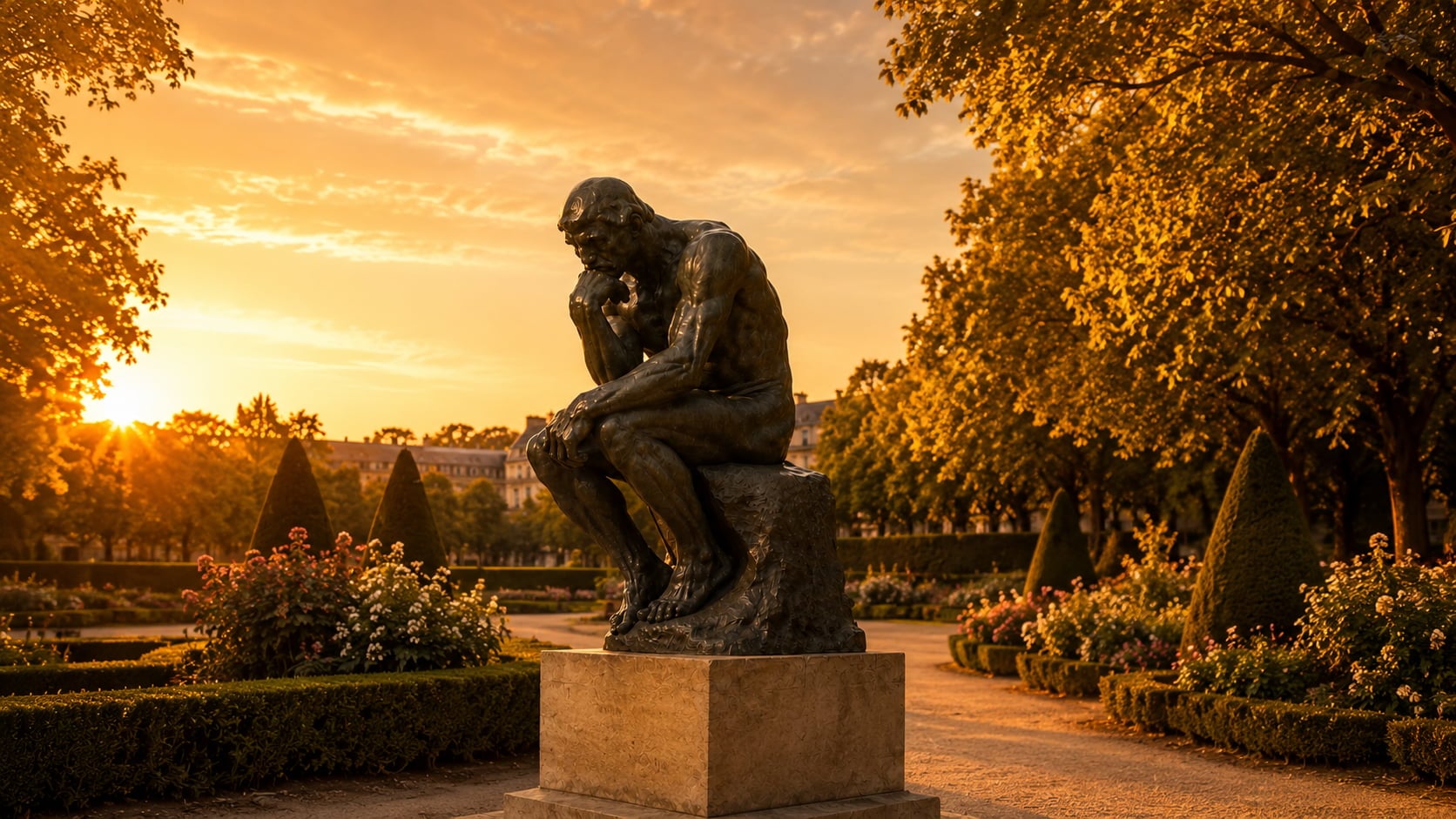 Le Penseur de Rodin dans les jardins du musée Rodin au coucher du soleil, Paris